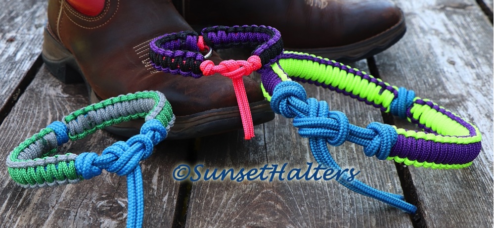 Sunset Halters, natural horsemanship, training, rope halter, halters, lead rope, reins, mecates, roping, split reins, diamond braid, dog collar